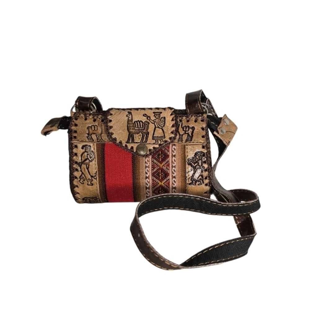 Engraved Shoulder Small Purse Bag Leather & Colorful Design Textile Peru